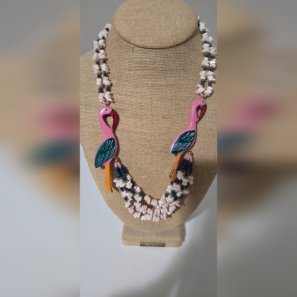 Flamingo And Shell Tropical Necklace - Pink and Green